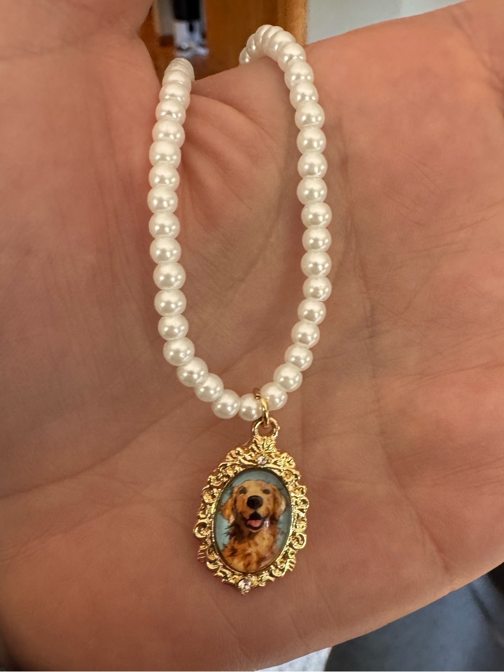 Pearl Stretch Bracelet with Golden Retriever Dog Portrait Charm - White